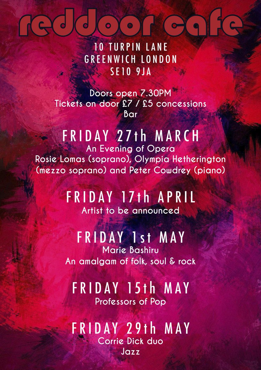 Coming to the Red Door soon! <a href="/lomas_rosie/">Rosie Lomas</a> <a href="/mariebashiru/">Marie Bashiru</a> <a href="/CDPlayaa/">Corrie Dick</a> #OlympiaHetherington #PeterCowdrey <a href="/MisterGreenwich/">Mr Greenwich 🌈</a> <a href="/GreenwichVisitr/">Greenwich Visitor</a> <a href="/GreenwichDiary/">Greenwich Diary</a> #livemusic #Greenwich #opera #jazz #popmusic #folk #soul