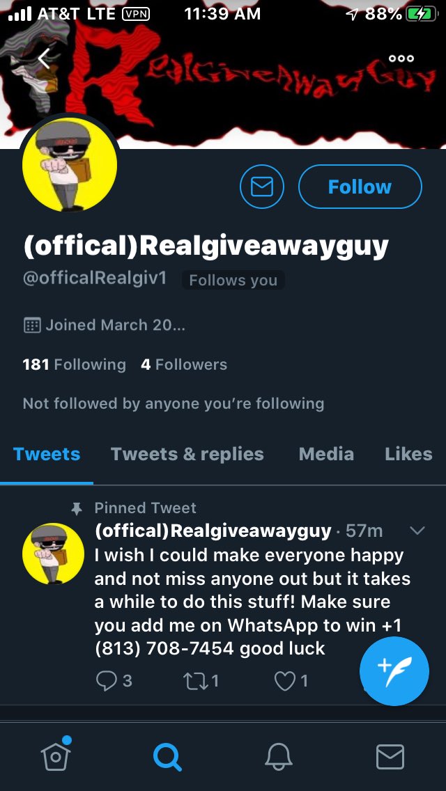 ScamAnnihilator's tweet photo. Everyone, please take a moment to #RUB [ Report, Unfollow &amp; Block ] @OfficalRealGiv1 #OfficalRealGiv1! [ ScreenShots 1-2 ] Has 4 followers. 

He is posing as the true @RealGiveAwayGu1 #RealGiveAwayGu1 [ ScreenShot 3 ] who has 2K+ 👁‍🗨 https://t.co/Xp1wObKOyy