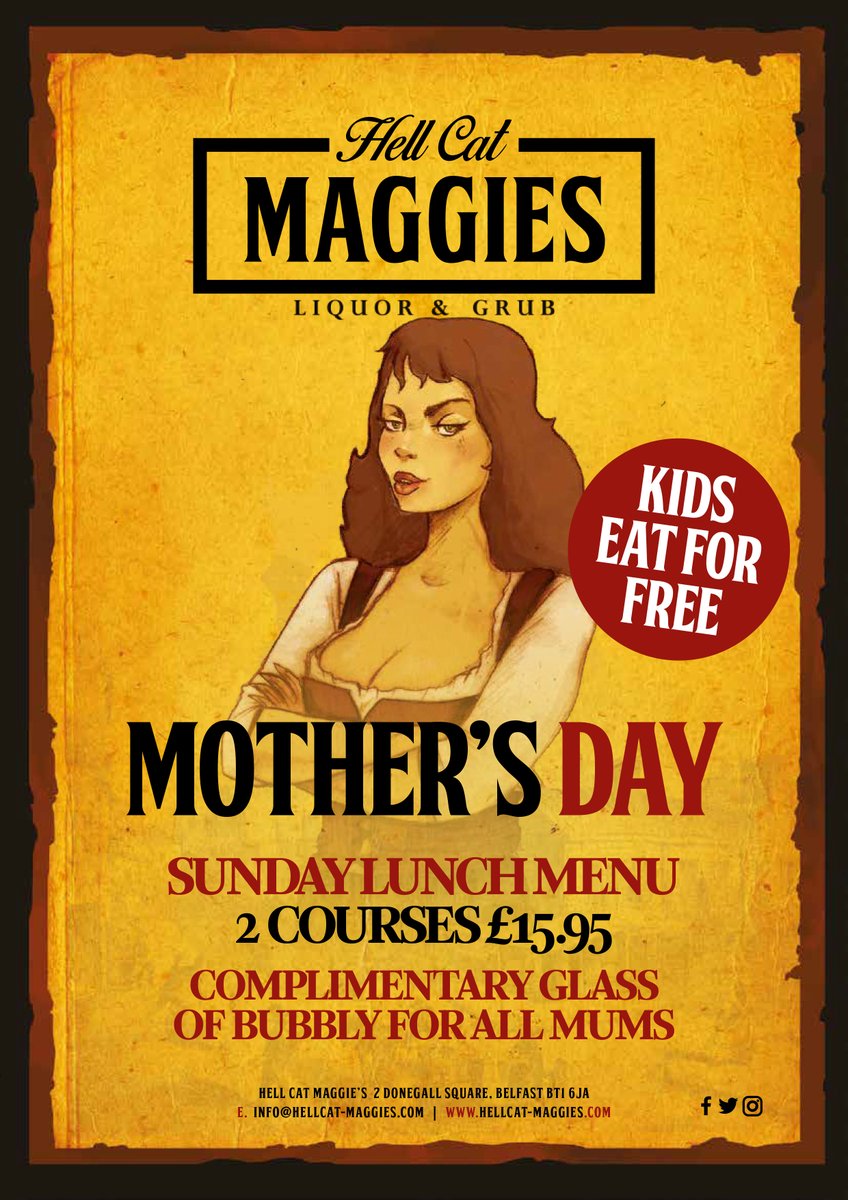 Celebrate Mother's Day at Hell Cat Maggies!

2 courses from our Sunday lunch menu, only £15.95 &amp; Kid's eat for free!

🍾 Free glass of bubbly for all Mum's!! 🍾

#HellCatMaggies #MothersDay2020 #ThankYouMum!