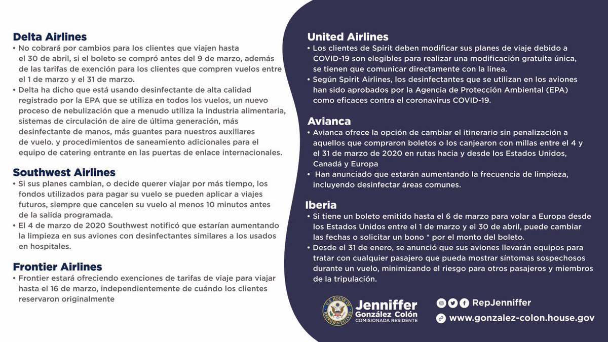 A raíz del brote del COVID-19, las aerolíneas principales de #PuertoRico han establecido medidas de seguridad y ajustes para vuelos, incluyendo permisos para cambios de pasajes y la otorgación de créditos hasta por un año con la aerolínea al cancelar su pasaje. 

Aquí un resumen: