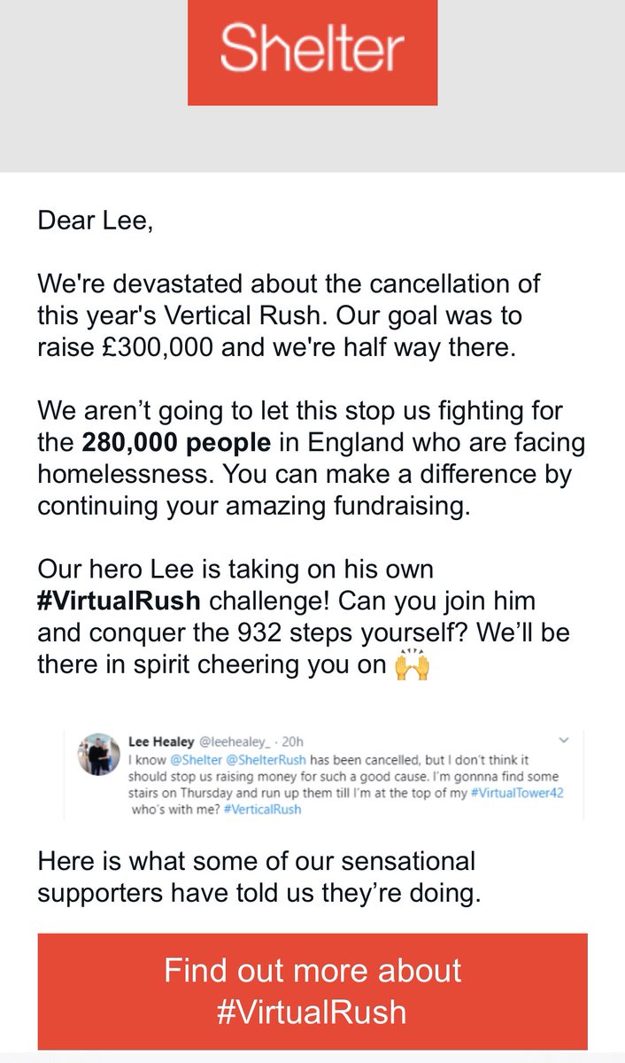 leehealey_'s tweet photo. So happy #VirtualRush has turned into a real thing! It would be so incredible if everyone that was planning to run up Tower 42 took part. Find some stairs! Letโs go! @Shelter @ShelterRush https://t.co/abOptWugdo https://t.co/PcYbWHNhnX