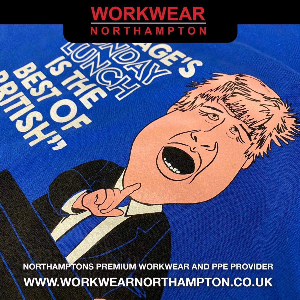 Workwear_NN's tweet photo. Another great way you can use 3 colour screen printing and quality artwork to bring your workwear to life! #workwear #northampton #screenprint #artwork #ink #borisjohnson #tee https://t.co/vZU2YmydCT