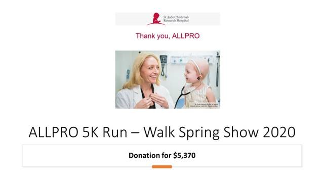 Together with our members and supplier partners, ALLPRO Corporation raised $5,370 for St. Jude's Children's Research Hospital at our ALLPRO 5k Fun Run/Walk in San Antonio, TX during our Spring Show last week. A sincere thank you to all who donated, ran, and walked! #teamALLPRO