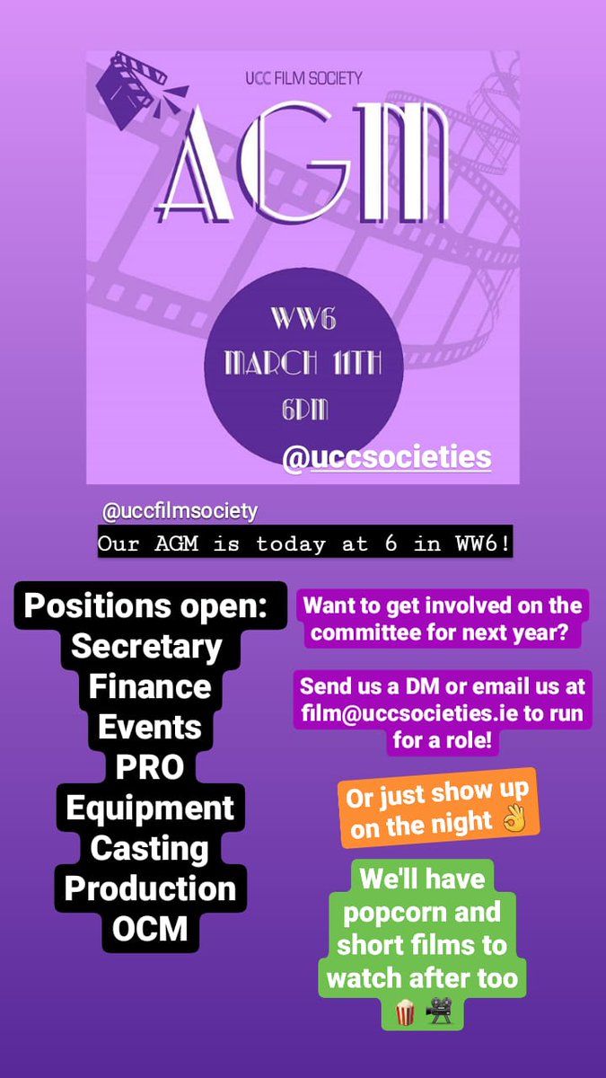 UCCFilmSoc's tweet photo. We have our AGM today, Wednesday 11th March in WW6 at 6pm! We have a load of positions open for next year's committee, please come along to get involved, support the other hopefuls, and eat some delicious popcorn 😁🍿🗳️ 

details in our Facebook link below
https://t.co/9JbHdOCmVQ https://t.co/VTO6o6tgrG