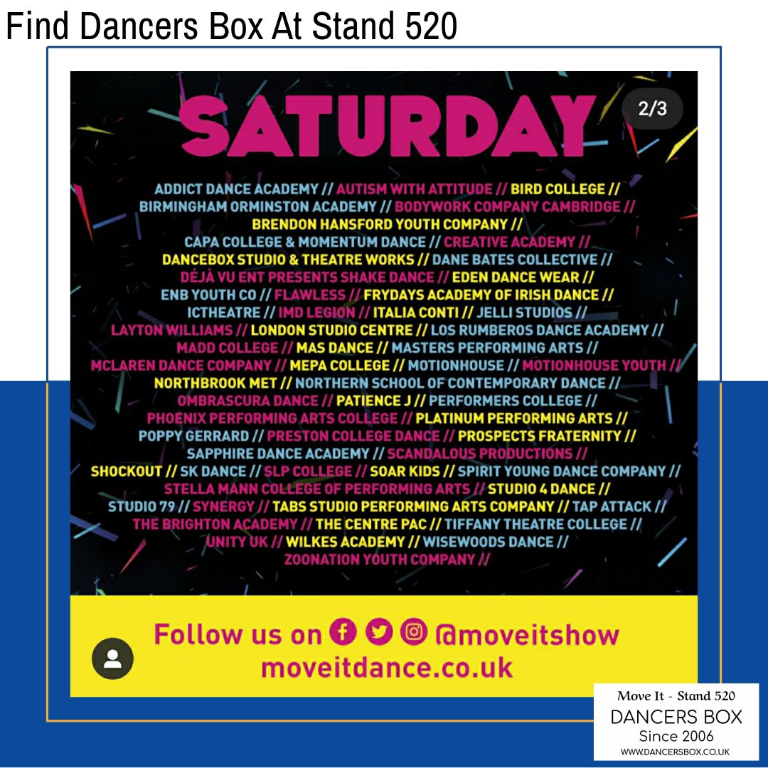dancersboxuk's tweet photo. MOVE IT 2020 - SATURDAY LINE-UP
---
Find us at Stand 520 next to the Freestyle Stage!
---
---
#dancersboxuk #dbukteam #dancersboxukontour #moveit #moveitlineup #lineup #moveitsaturday #moveitweekend #baiwu #dincwear #acropad #infernodance #dancersboxuk #dbukteam https://t.co/lr8c16STwj