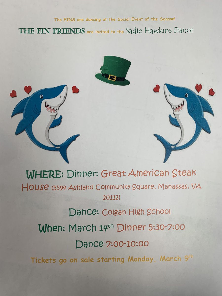 Join fin friends for dinner and the Sadie Hawkins dance on Saturday! <a href="/ColganLead/">Colgan Leadership</a> <a href="/colgan_hs/">Colgan Sharks Athletic Boosters</a> <a href="/ColganPtso/">Colgan PTSO</a>