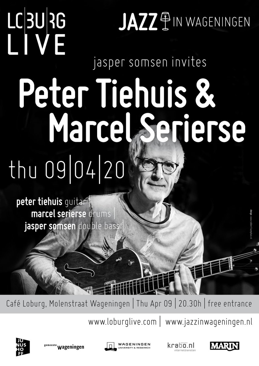 In de jazzserie van <a href="/LoburgLive/">LoburgLive</a> en <a href="/Jazz_Wageningen/">Jazz in Wageningen</a>
ontvangt contrabassist @JasperSomsen op donderdagavond 9 april, om 20.30 uur, gitarist Peter Tiehuis en drummer Marcel Serierse op het jazzpodium van <a href="/CafeLoburg/">Café Loburg</a>. De entree is gratis.

#jaspersomsen #petertiehuis #marcelserierse