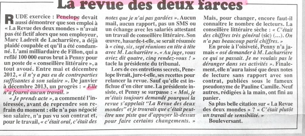 pier2kan's tweet photo. #PenelopeGate
Dans le Canard Enchainé, comment Mme #Filllon a essayé de démontrer que son emploi à "La Revue des deux monde n'était pas fictif" ! Une vraie gageure!
Surtout que son employeur avait déclaré: "elle n'a fourni aucun travail" ! https://t.co/g38j3FKCbP