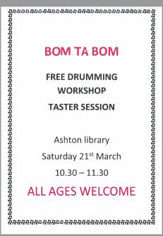 WiganLibraries's tweet photo. Bom Ta Bom return to Ashton library on 21st March 10:30-11:30 for a free drumming workshop taster session. #BomTaBom #Ashtonlibrary #Drum @WiganCouncil https://t.co/5M5xhBGgvw