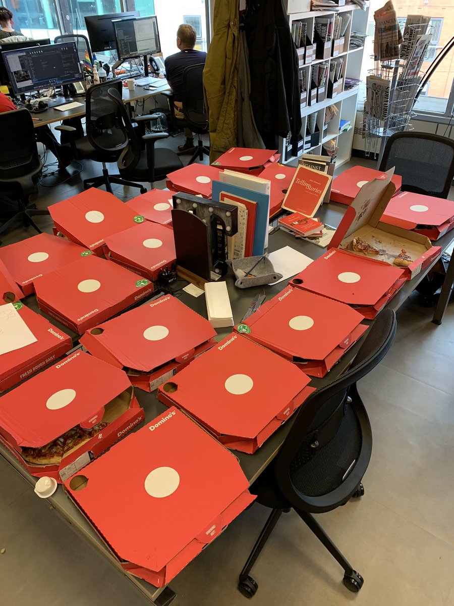 SandyDownsPR's tweet photo. #Budget2020 war room - pizza and politics 🍕 most audible gasps I've ever heard at a Budget #publicrelations #pr https://t.co/UPgAk5xgGb