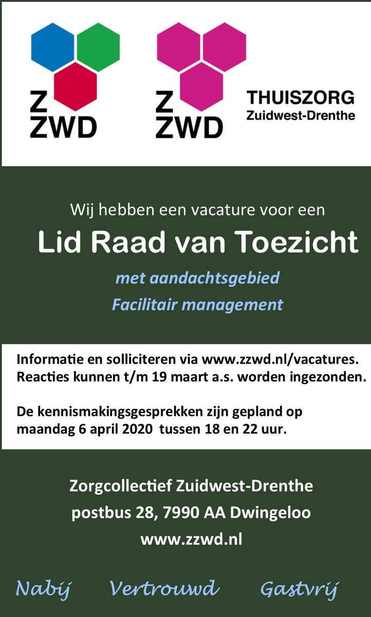 De Raad van Toezicht <a href="/_ZZWD/">ZZWD</a> zoekt een nieuw lid met aandachtsgebied Facilitair management, bekijk deze boeiende #vacature op onze site! zzwd.nl/vacatures-over… #ouderenzorg #Drenthe #RvT