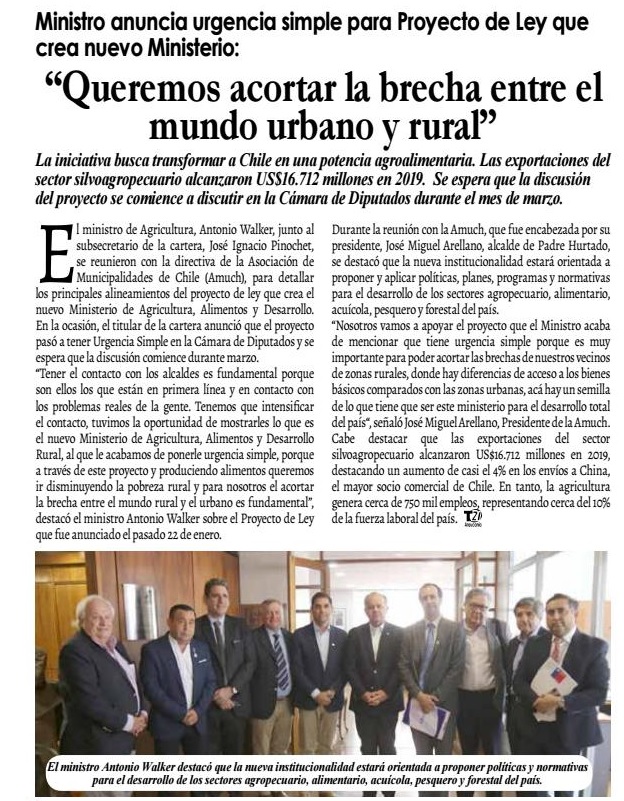 AmuchChile's tweet photo. 📌En reunión sostenida con Ministro @antoniowalkerp @MinagriCL anunció urgencia simple para Proyecto de Ley que crea nuevo Ministerio que esta orientado a proponer políticas y normativas para el desarrollo de los sectores #agropecuario #alimentario #acuícola #pesquero #forestal https://t.co/kEMnS3SLjm