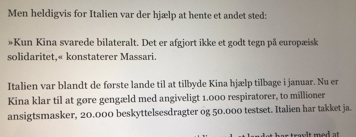 Ingen EU-lande hjalp Italien. Men Kina ville. Tankevækkende (kilde:JP).