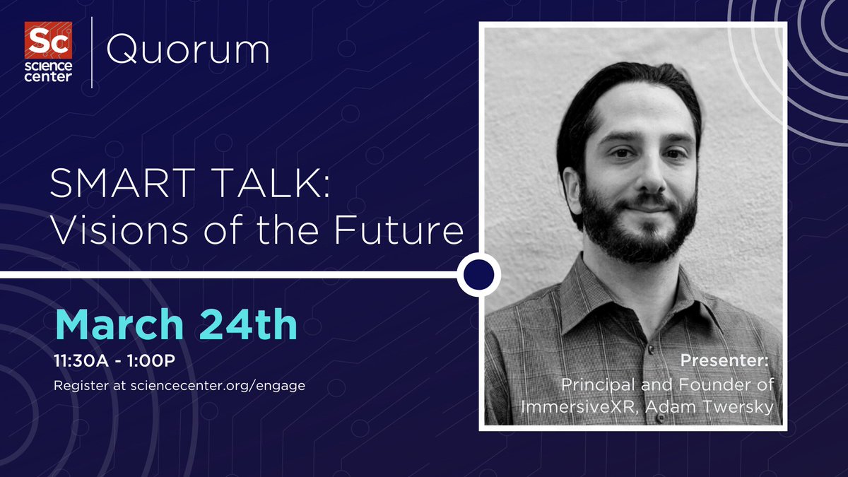 Our next installment of Smart Talk is an exploration into the future of #AR &amp; #VR, featuring Adam Twersky of <a href="/ImmersiveXR/">ImmersiveXR</a>.  Register now! 

sciencecenter.org/engage/smart-t…