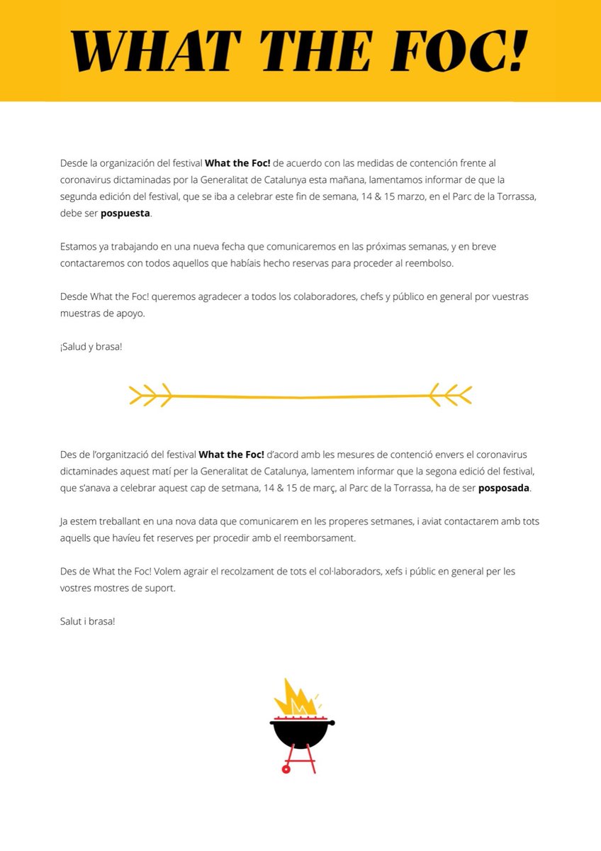 ⚠️I M P O R T A N T E ⚠️
Desde la organización del festival #WhattheFoc y según medidas de contención frente al coronavirus dictaminadas por <a href="/gencat/">Generalitat de Catalunya</a>, os informamos de que la edición de este fin de semana debe ser pospuesta. 
Pronto anunciaremos nueva fecha.
Salut i brasa!