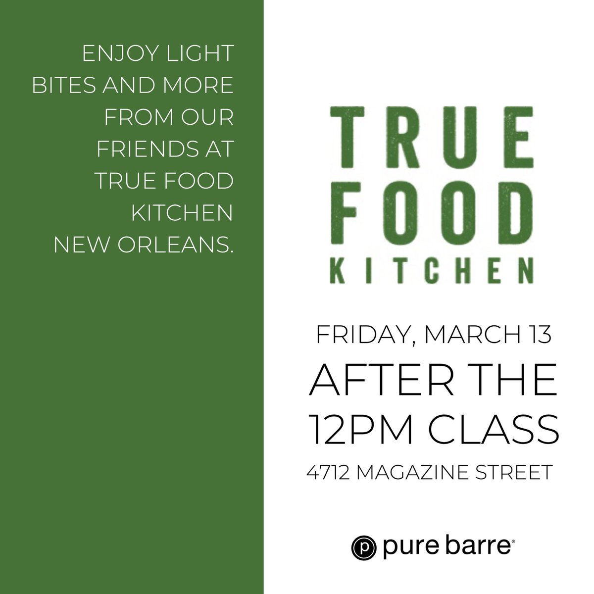 To help us celebrate our Grand Re-Opening at 4712 Magazine Street, @true_food_kitchen will be in the studio this weekend too! Enjoy light bites and more from after the 12pm class on Friday. Space is limited, sign up for class now!