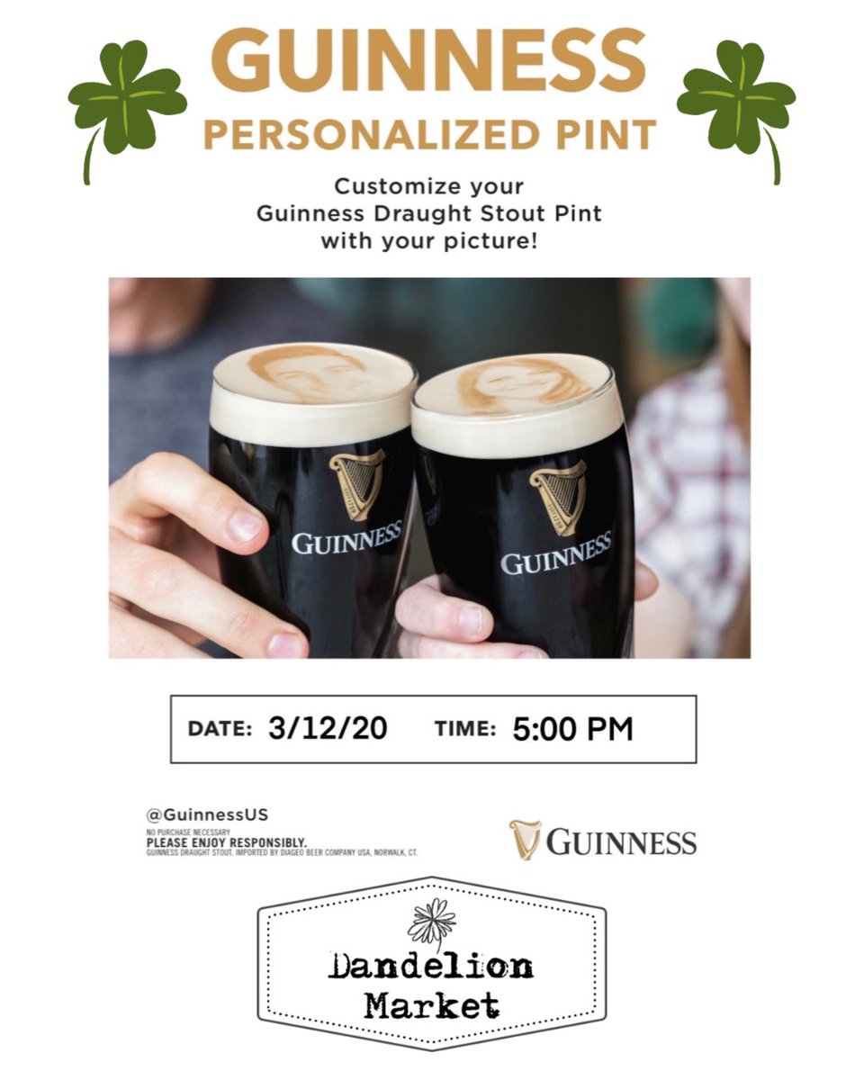 Oh my goodness! Your Guinness can be personalized with your face! Tomorrow at 5pm, only at the #DandelionMarket. #guinness #personalizedpint <a href="/GuinnessUS/">Guinness US</a>