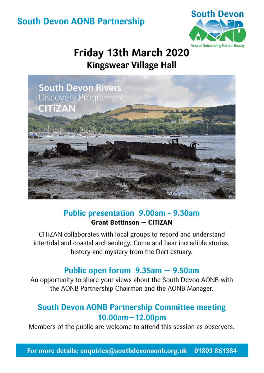 SouthDevonNL's tweet photo. South devon Rivers Discovery Programme Presentation  9.00am 13th March Kingswear Village Hall with  @CITiZAN1 who record  intertidal and coastal archaeology, collaborating with local groups. Find out how you can get involved.  #AONB #OutstandingHour #BritishScienceWeek https://t.co/CM6SMOXhg5