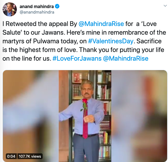 PRmomentIndia's tweet photo. Mahindra's #LoveForJawans is top social media campaign for Valentine's Day: Meltwater research. The most impactful story during this time?  @anandmahindra 's tweet on the #loveforjawans campaign. https://t.co/PAawtHkCzG @Meltwater @need_space_ @Varshachainani https://t.co/Oe6UiuPhpJ