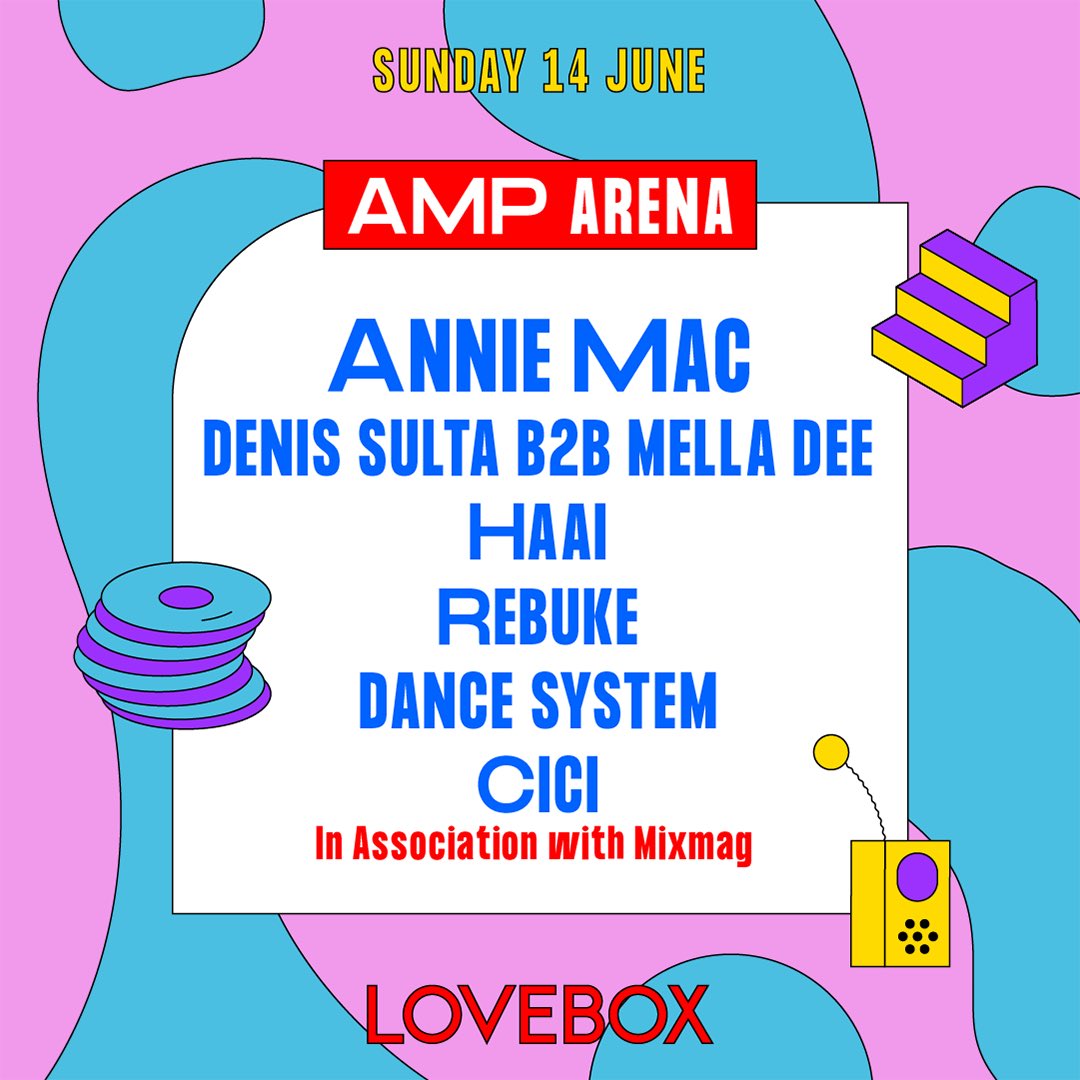 Annie Mac Presents (@amp) on Twitter photo RAVERS! Weโre back at <a href="/LoveboxFestival/">Lovebox</a> this summer and our line up is looking ๐ฅ
Catch us with @AnnieMac , <a href="/DenisSulta/">Denis Sulta</a> , <a href="/MellaDee_/">Mella Dee</a> , <a href="/rebukemusic/">Rebลซke</a> , @DanceSystem and <a href="/CiciCavanagh/">๏ผฃ๏ฝ๏ฝ๏ฝ๐ฎ๐ช</a> on Sunday 14 June!
loveboxfestival.com
๐ RAVERS! Weโre back at <a href="/LoveboxFestival/">Lovebox</a> this summer and our line up is looking ๐ฅ
Catch us with @AnnieMac , <a href="/DenisSulta/">Denis Sulta</a> , <a href="/MellaDee_/">Mella Dee</a> , <a href="/rebukemusic/">Rebลซke</a> , @DanceSystem and <a href="/CiciCavanagh/">๏ผฃ๏ฝ๏ฝ๏ฝ๐ฎ๐ช</a> on Sunday 14 June!
loveboxfestival.com
๐