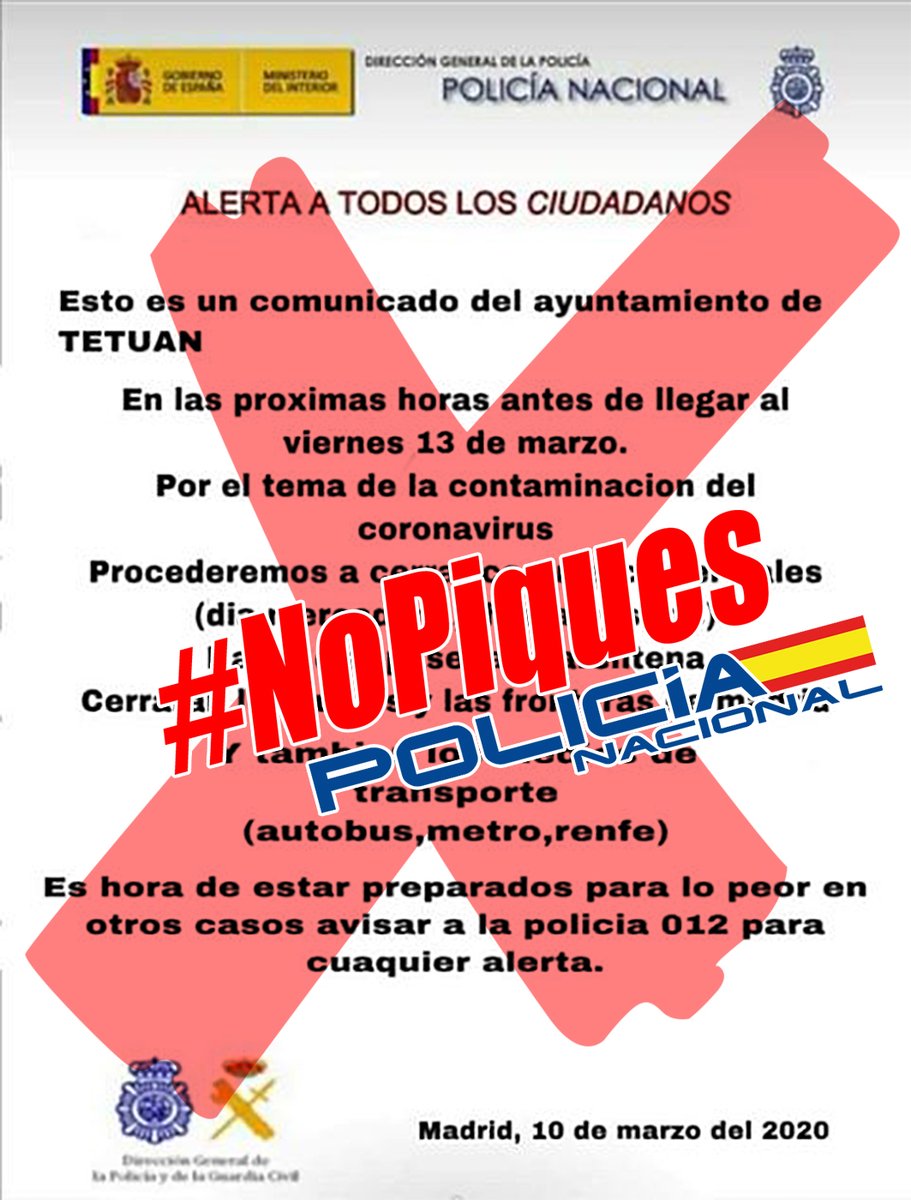 policia's tweet photo. NO, esta imagen no es una comunicación oficial de la Policía. Es uno de los bulos que corren estos días de móvil en móvil.

Que nadie juegue con tu seguridad. Confía únicamente en fuentes oficiales directas.

#INFOCoronavirus #CODVID19 #CODVID19espana #Coronavid19 https://t.co/yXs8b2jFyQ