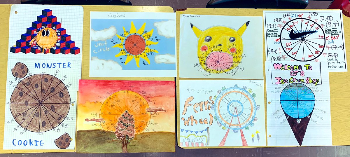 Knopf_Math's tweet image. Wow, I have some pretty creative students! I had them create a Unit Circle Project to help them study/remember it in their own way by allowing them to turn it into anything they want, using any medium. Some drew on paper, others used the iPad! #ArtInMath #Alg2Chat #MineolaProud