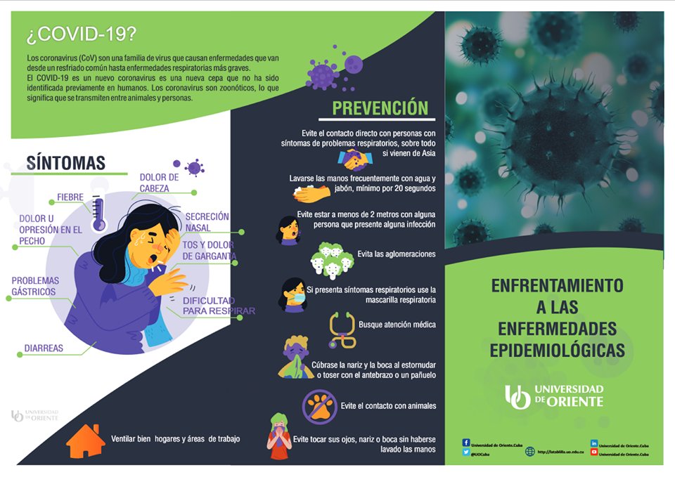 #Cuba🇨🇺 toma todas las medidas de prevención y control necesarias frente al #COVID19, tanto en la isla, como en nuestras misiones en el exterior. Aunque no se registra en el país ningún caso confirmado de #coronavirus, debemos conocer cuáles son los síntomas y cómo prevenirlo.