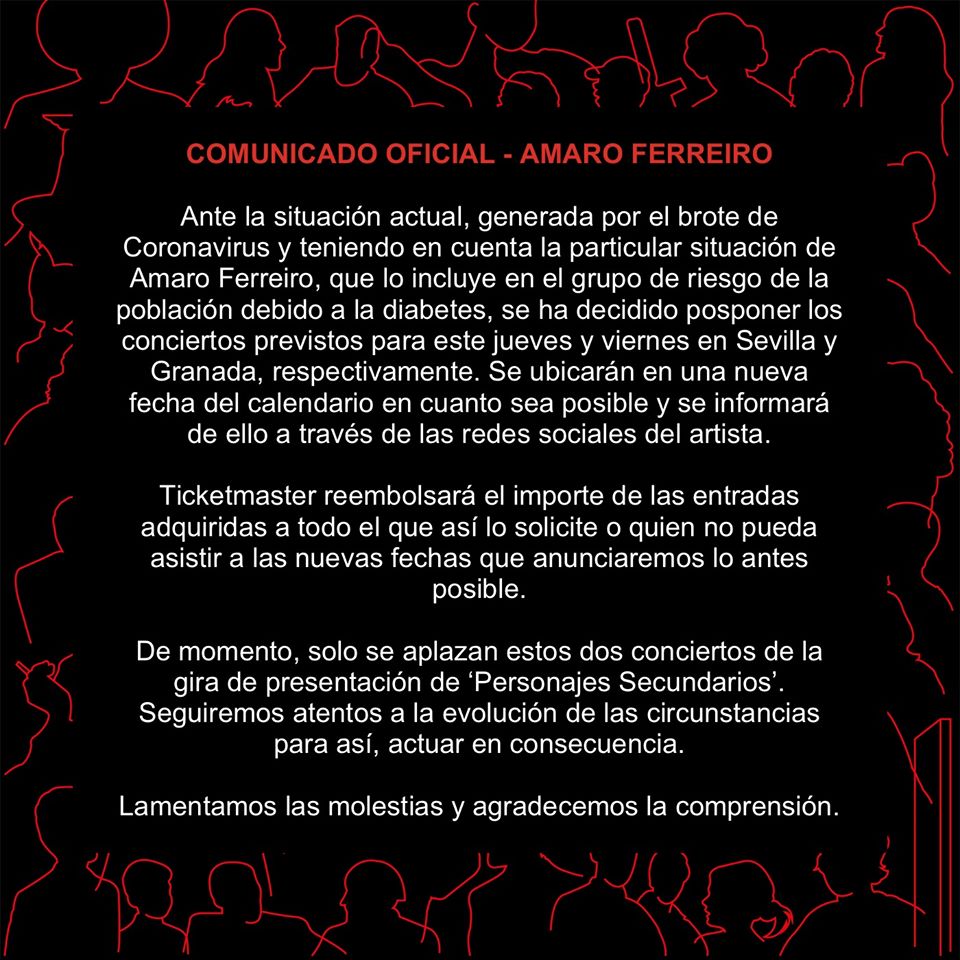 COMUNICADO: debido a la alerta sanitaria por el #coronavirus, el concierto de @amaroferreiro previsto para este viernes 13 de marzo se aplaza hasta el 9 de octubre. El reembolso de las entradas adquiridas a través de nuestra plataforma comenzará hoy mismo.