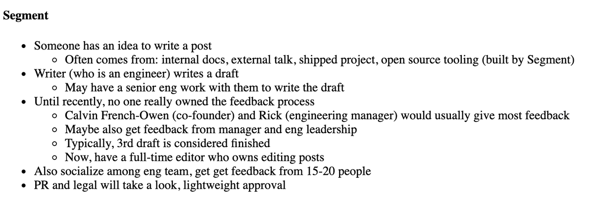 A nice overview of how we write <a href="/segment/">emre özdamar</a>. 

No red tape, easy approval process, with plenty of exec support. 

How good corporate engineering blogs are written by <a href="/danluu/">Dan Luu</a> danluu.com/corp-eng-blogs/