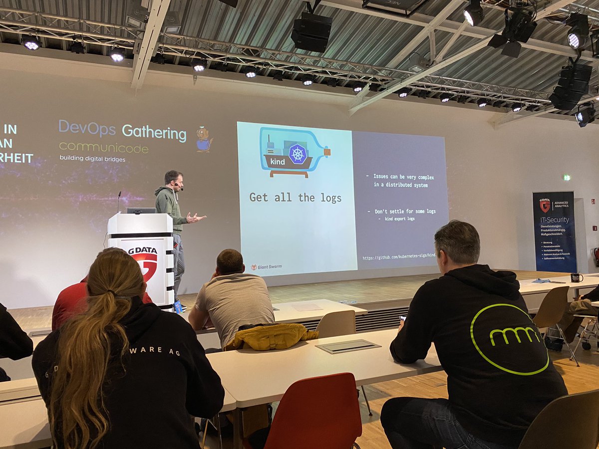KaiNeuhaus's tweet image. Use kind - #Kubernetes in #Docker in your CI-Pipeline. Advice from @MueMarcel @giantswarm at #devopsgathering by #communicode #GData #academy