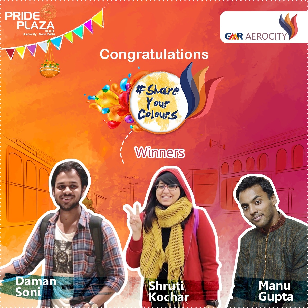 GmrAerocity's tweet photo. Congratulations to #ShrutiKochar #ManuGupta #DamanSoni our winners of #ShareYourColours. We are delighted with the colourful experiences you all have shared with us. Stay tuned for more at #GMRAerocity and follow us to stay #AliveAtGMRAerocity
#winners #contestwinner https://t.co/ZmDqiEe2C2