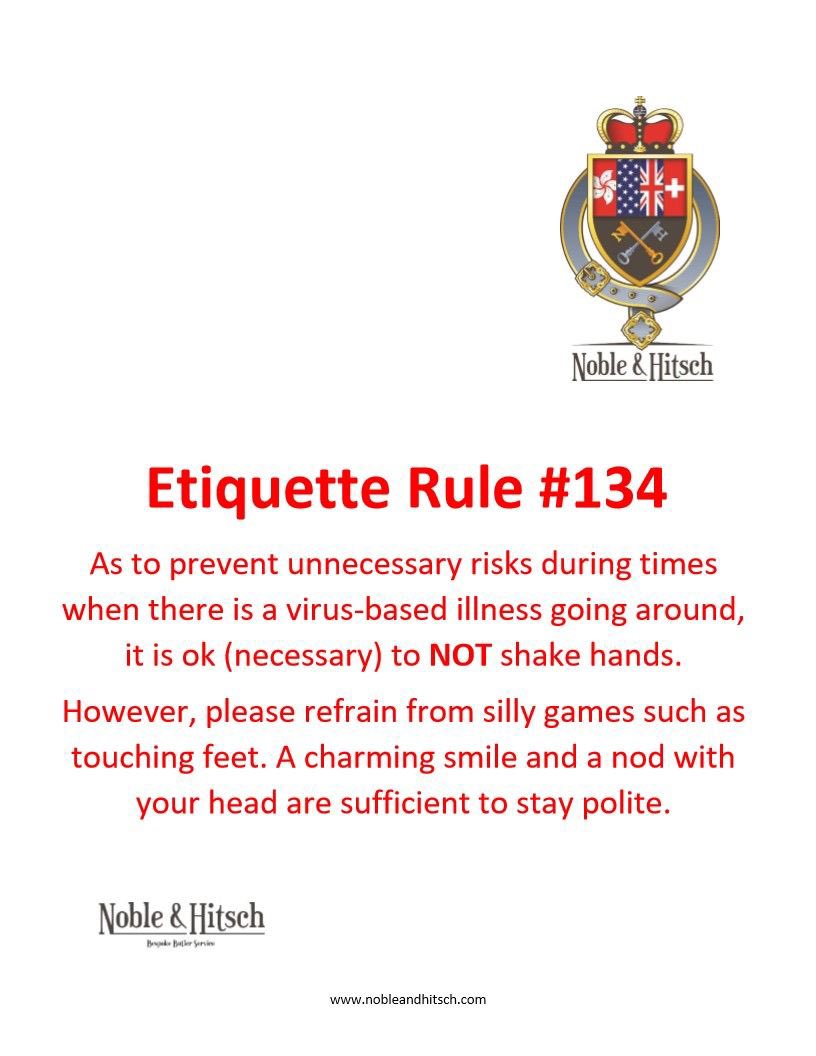NobleAndHitsch's tweet photo. Etiquette is not only for Kings and Queens!⠀⠀⠀
Practical Tips on Etiquette from the Butler in Hong Kong.⠀
#NobleAndHitsch #Etiquette #ButlerHongKong #HK #HKig #LuxuryLifeStyle #HKButler #manners #goodmanners #covid19 #corona #influenza #coronavirus https://t.co/zkuj5C8Obb