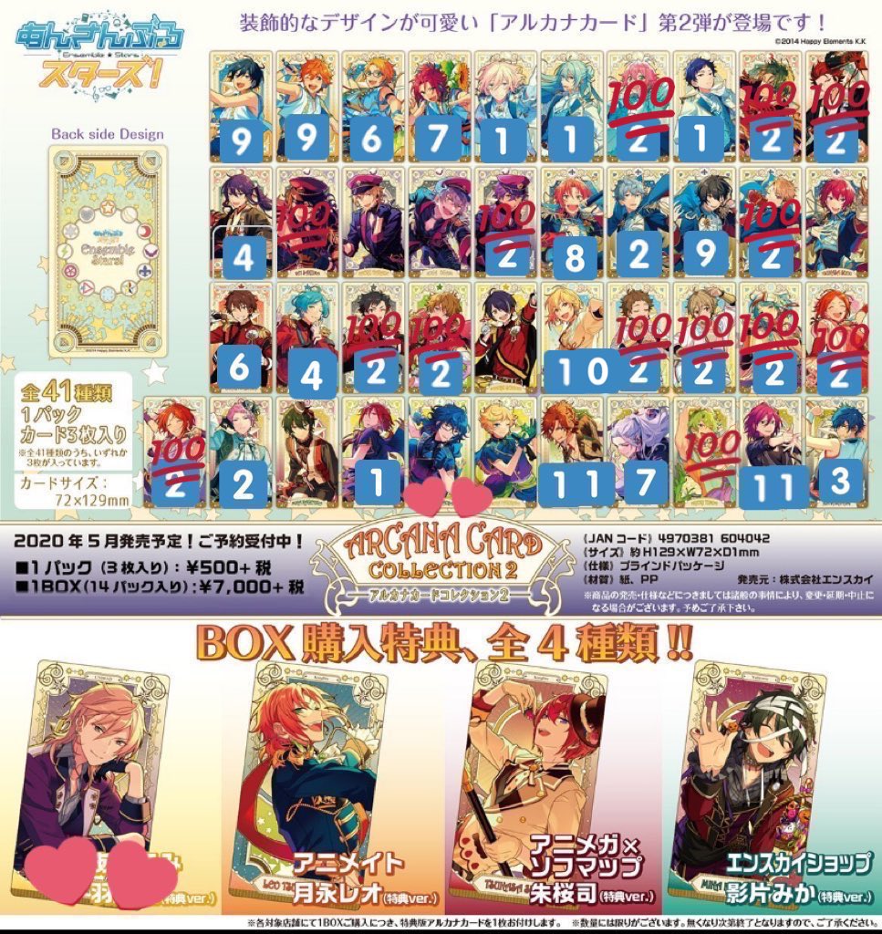 譲渡交換 あんスタ アルカナカード 12箱
譲 ★…レオ 泉 凛月 司 宗
☆…真緒 薫 晃牙 奏汰 なずな みか 夏目 ジュン
◯…北斗 スバル 真 英智 渉 弓弦 千秋 忍 茨 斑 颯馬 凪砂
1弾 特典 凛月

求 定価+送料,特典薫 &gt; 1弾薫,創,今弾つむぎ,宙→