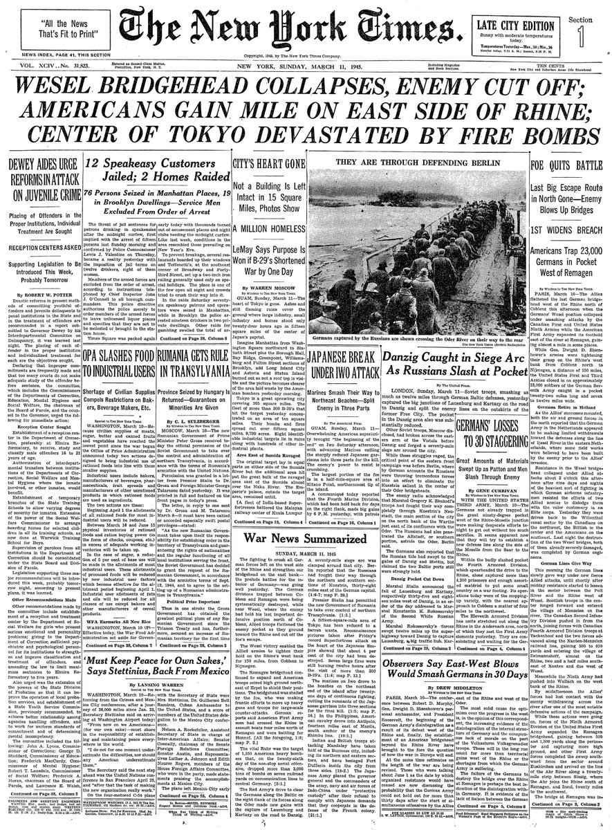 Mar. 11, 1945: Wesel Bridgehead Collapses, Enemy Cut Off; Americans Gain Mile On East Side Of Rhine; Center of Tokyo Devastated By Fire Bombs  https://nyti.ms/2Q7Rzn9 