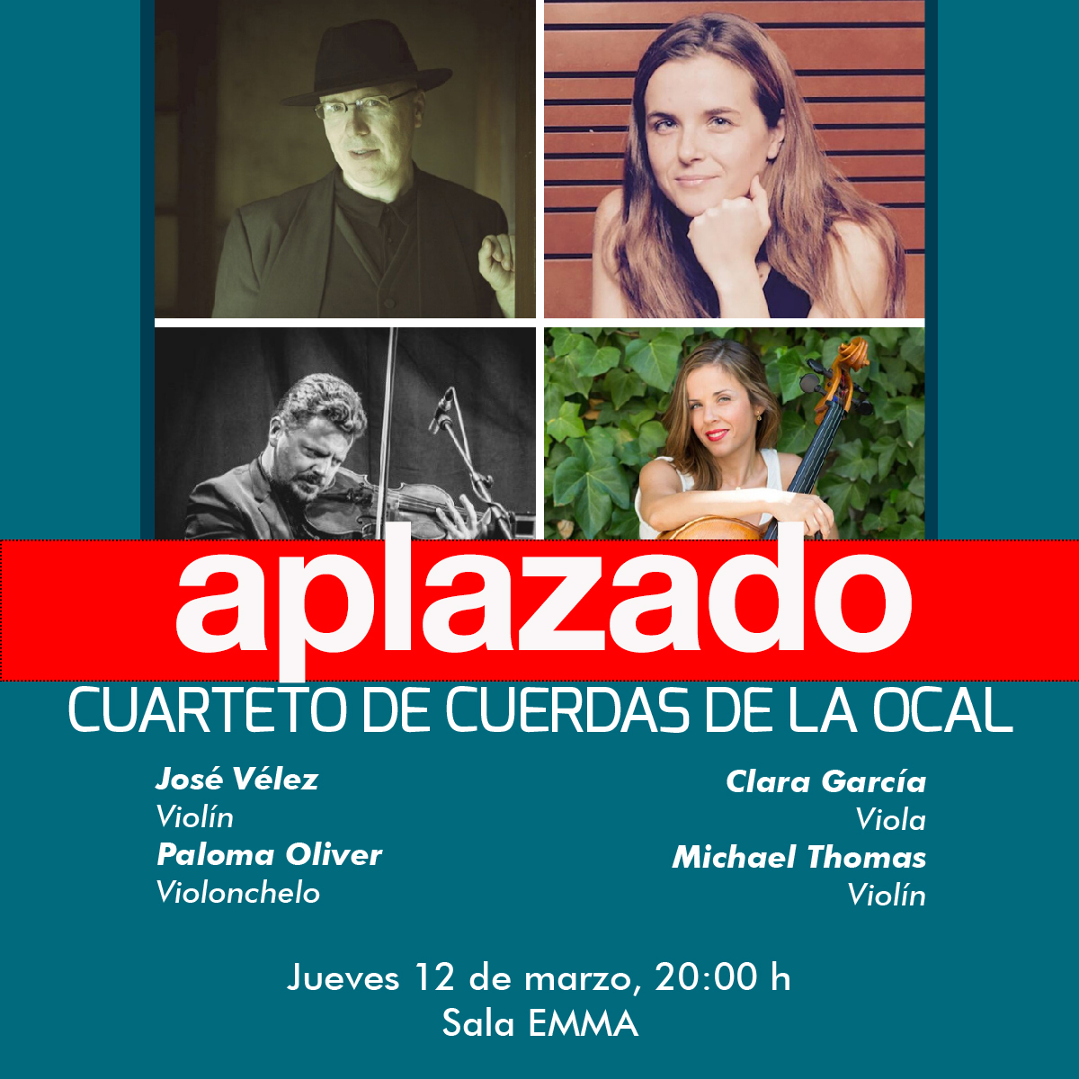 ‼️La Asociación Filarmónica de Almería aplaza el concierto del Cuarteto de Cuerdas de la Orquesta Ciudad de Almería que se celebraba mañana jueves 12 de marzo en la #SalaEMMA.  → En breve comunicaremos nueva fecha.