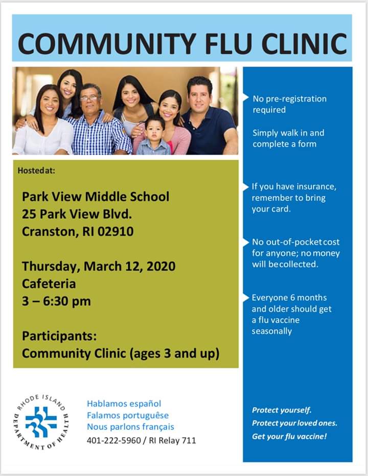 If you have not received your flu shot yet, it is not too late. Cranston Public Schools is hosting a flu shot clinic at Park View Middle School in the cafeteria on Thursday, March 12 from 3-6:30 p.m. #cpsed @JeannineNota