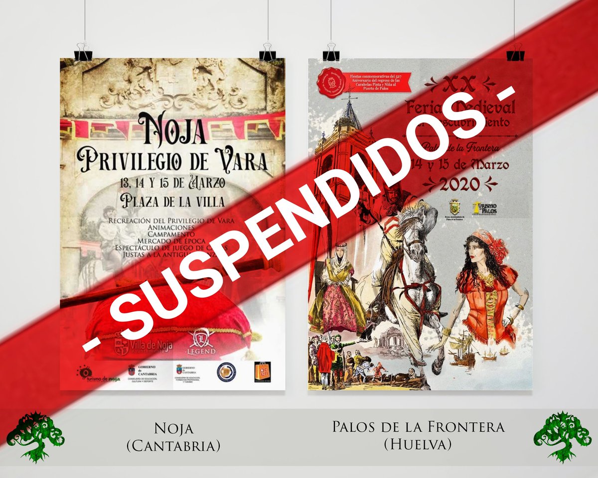 _Treefolk_'s tweet photo. -SUSPENDIDOS -

Lamentamos comunicaros que, debido a las medidas preventivas llevadas a cabo por el coronavirus, quedan suspendidos los eventos que teníamos programados para este fin de semana.

Noja y Palos de la frontera se quedan sin sus eventos. Os mantendremos informados. https://t.co/FhxR4bNur1