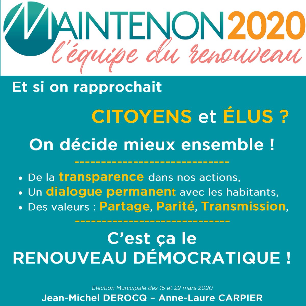 Maintenon2020's tweet photo. [Proposition N°15 💡] ✅La Gouvernance

Et si on rapprochait les citoyens et les Élus?

#Maintenon2020 #Municipales2020

#JeanMichelDerocq #AnneLaureCarpier

https://t.co/RoIBYgid6c https://t.co/sbo9I4rsr4