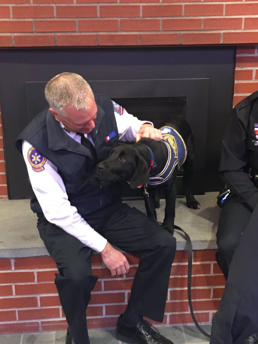 Chris Stawasz of <a href="/AMRManchesterNH/">AMR Manchester</a> spends some time with <a href="/mht_nh_police/">Manchester NH Police</a> comfort dog following <a href="/MayorJoyceCraig/">Mayor Joyce Craig</a> 2020 State of the City speech today at @NHIOP. Voting is now open for a name for the dog - choose between Patch, Sam, Amos, Harry or Rex at surveymonkey.com/r/mpd_comfortd…
