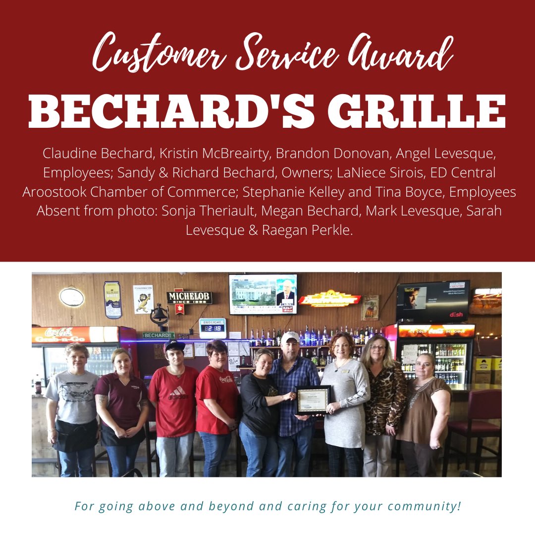 Congratulations to Bechard’s Grille of Caribou, ME on being the recipients of the Central Aroostook Chamber of Commerce Customer Service Award for February. #aroostookcounty #cariboumaine #customerservice #aboveandbeyond