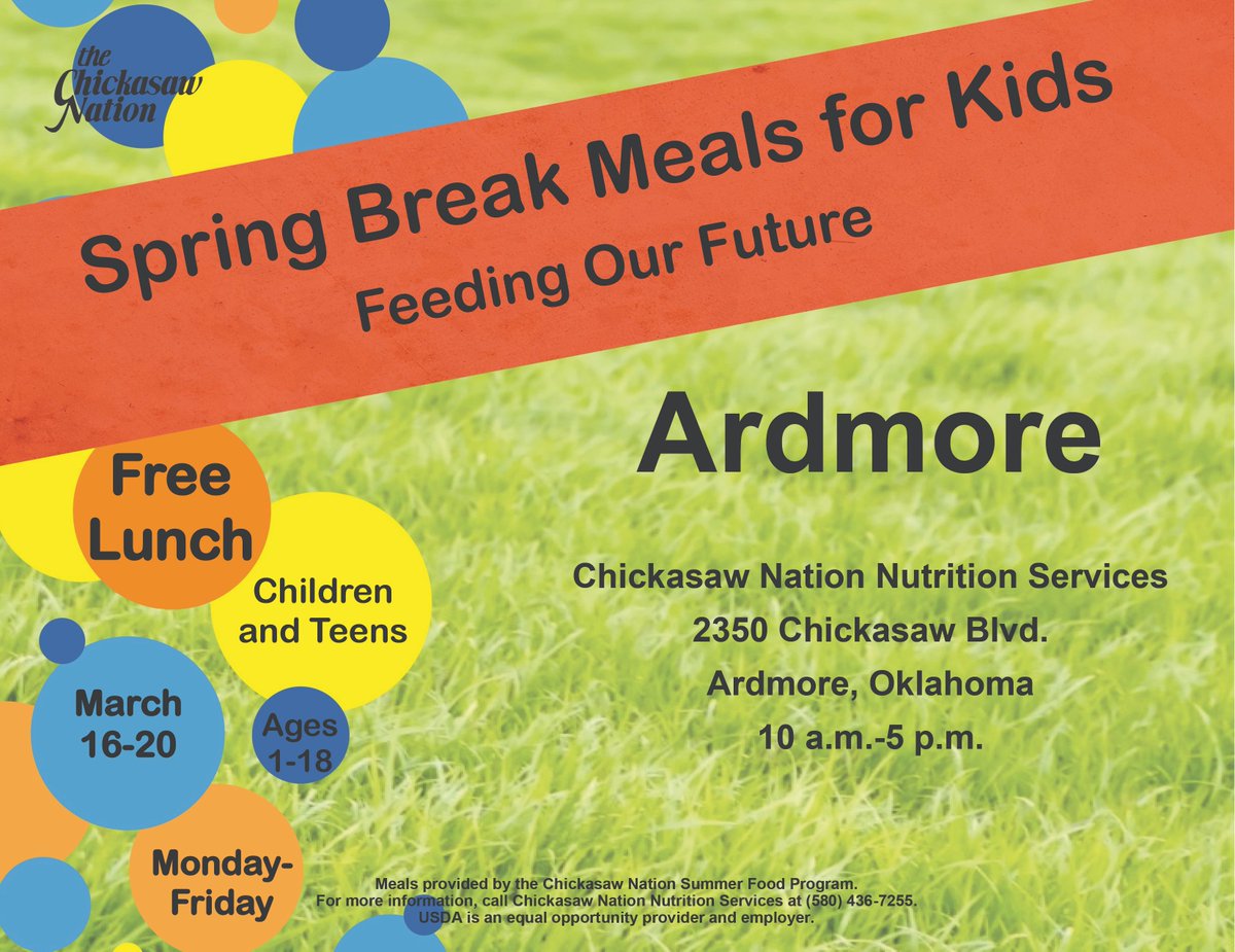 ChickasawNation's tweet photo. When schools close for #SpringBreak, many children lose access to daily meals and nutrition. The Chickasaw Nation is bridging this hunger gap by providing free meals March 16-20. ALL CHILDREN ages 1-18, both Native and non-Native, can receive meals. https://t.co/QqJSI9Np9u