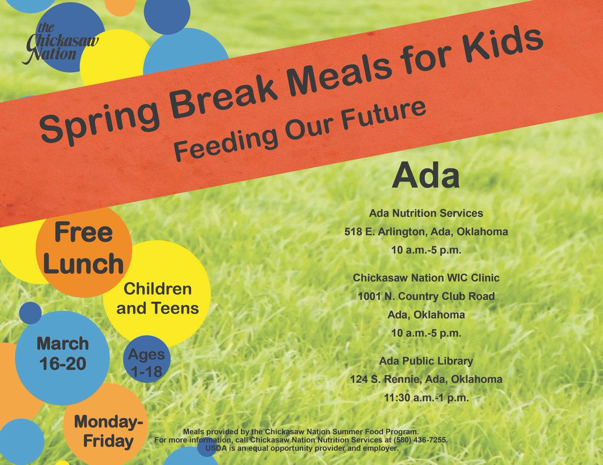 ChickasawNation's tweet photo. When schools close for #SpringBreak, many children lose access to daily meals and nutrition. The Chickasaw Nation is bridging this hunger gap by providing free meals March 16-20. ALL CHILDREN ages 1-18, both Native and non-Native, can receive meals. https://t.co/QqJSI9Np9u