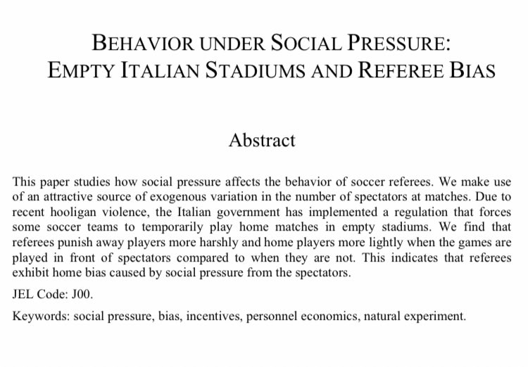 For folks envisioning sport outcomes in empty stadia, it happened a decade ago in Italian soccer after fan violence. Only 24 games worth of a sample size, but here’s the paper looking at the effect econstor.eu/bitstream/1041…