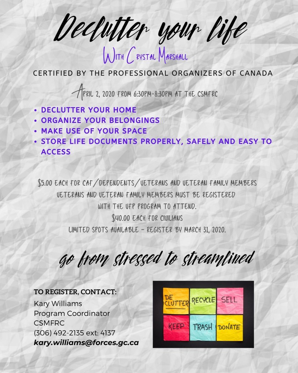 Declutter Workshop on April 2!  Limited spots available.  Contact Kary today.