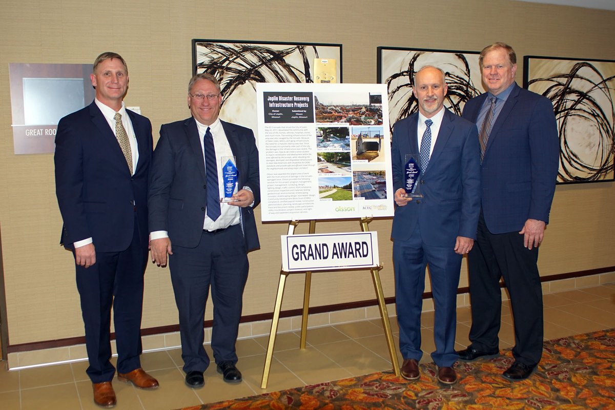 WeAreOlsson's tweet image. Our work on the Joplin Disaster Recovery Infrastructure is the recipient of the Missouri ACEC’s 2020 Engineering Excellence Competition’s Grand Award. Congrats to everyone who worked on this project to heal a community. #WeAreOlsson #ProjectsWithAPurpose #Joplin #ACEC