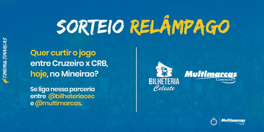 Em parceria com a <a href="/multimarcas/">Multimarcas Consórcios</a> vamos sortear 3 pares de ingressos!

Basta seguir <a href="/bilheteriacec/">Bilheteria Celeste</a>, <a href="/multimarcas/">Multimarcas Consórcios</a> e dar RT nesse tweet.

Sorteio as 15h30

*Os ganhadores deverao retirar os ingressos na Multimarcas - Avenida Amazonas, 126, Centro/BH ate as 18hrs. 

Boa sorte! 🦊🔵⚪️