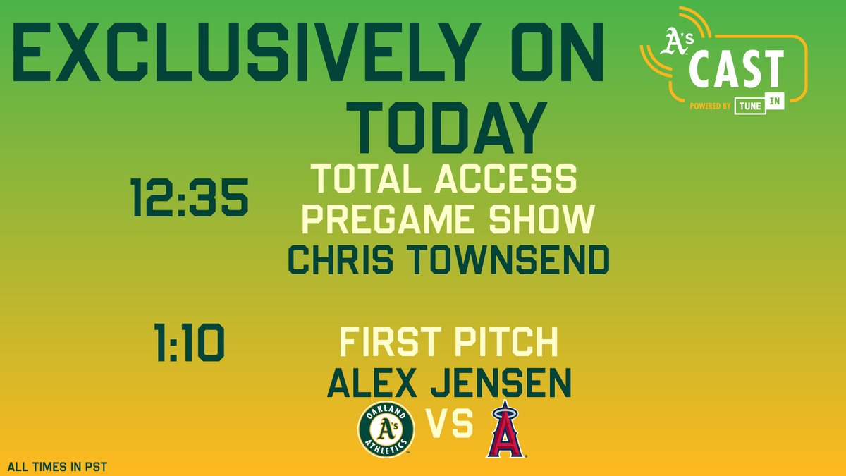 A's Cast (@athleticscast24) on Twitter photo Off to Tempe!
<a href="/townsendradio/">Chris Townsend</a> will host the A's Total Access Pregame Show at 12:35.
athletics.com/ascast 📻 Off to Tempe!
<a href="/townsendradio/">Chris Townsend</a> will host the A's Total Access Pregame Show at 12:35.
athletics.com/ascast 📻
