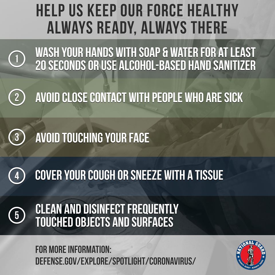 NENationalGuard's tweet photo. Coronavirus is a respiratory illness that can spread from person to person. Please follow these simple preventative steps to help combat #COVID19 and look for further guidance from the @DeptofDefense here: https://t.co/XPfk9fcl2h

#NEGuard | #GuardYourHealth | #GuardTheGoodLife https://t.co/UJUwb5zcu2
