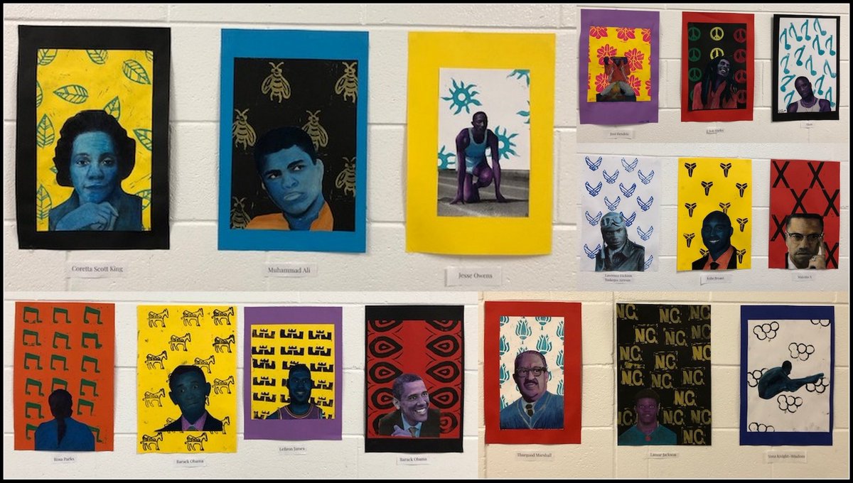 Art students created work in the style of American fiber artist Bisa Butler, known for her quilted portraits and designs celebrating black life.