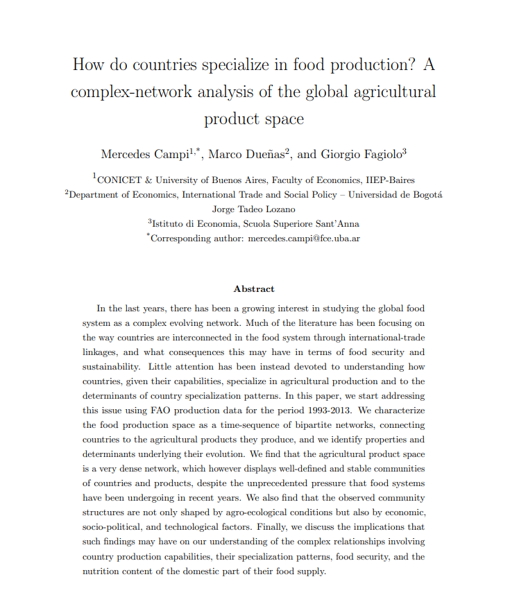 📃#NuevoDocumento en el repositorio! 'How do countries specialize in food production? A complex-network analysis of the global agricultural product space' por Marco Dueñas, Mercedes Campi y @giorgiofagiolo. 🗺️#FAOproductionData🌽#GlobalFoodSystem 🚛 repositorio.redinvestigadores.org/handle/Riec/48